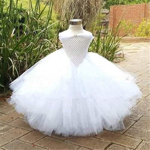 White Princess Flowers Girls Tutu Dresses Long Tulle Formal Ball Gown Wedding Dresses For Kids Prom Birthday Party Dress