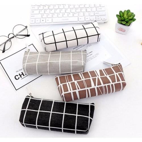 Simplicity Cute Stationery Pen Bags Office Solid Color Pen Pouch Pencil Bag Striped Grid Canvas Pencil Case