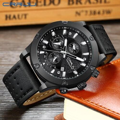 Relogio 2019 CRRJU Luxury Brand Men Watch Male Quartz Watches Leather Automatic Date Mens Waterproof Wristwatches Sport Clock