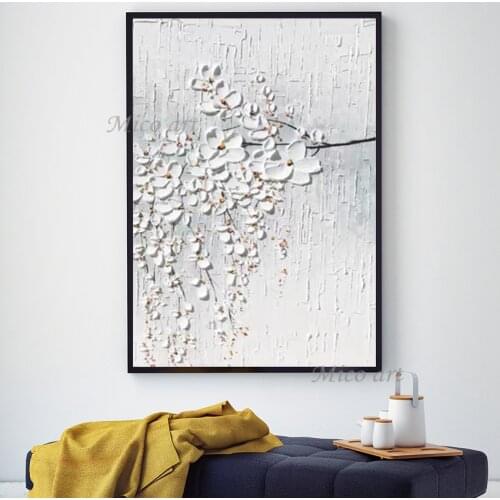 Hand painted large size wall artist home decoration snow white flower ash tree thick knife oil painting canvas without frame