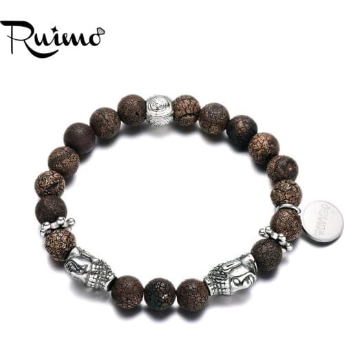 RUIMO Buddhism Retro Natural Cracked Fire Stones Beaded Bracelet Stainless Steel Buddha Head Charms Elastic Bracelets & Bangles