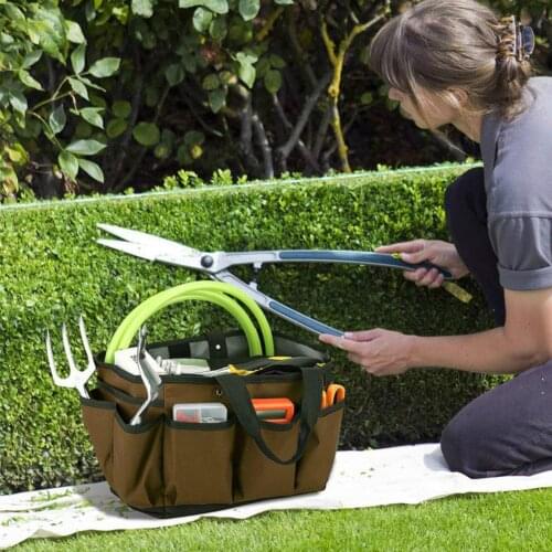 Garden Tool Bag Large Capacity Tool Storage Bag Multi-Pocket Brown Portable Oxford Cloth Handbag For Outdoor Garden Courtyard