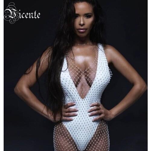 VC All Free Shipping New Arrival Fish Net Bead Embellished Sleeveless V Neck Celebrity Party Mid-Calf Length Dress