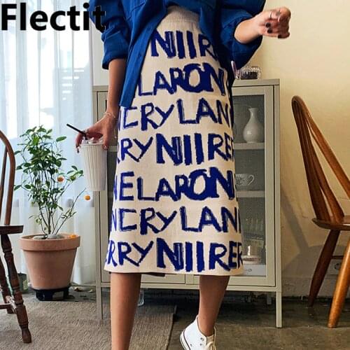 Flectit High Street Letter Print Slogan Knitted Pencil Skirt High Waist Back Split Midi Length Fall Winter Women Knitwear