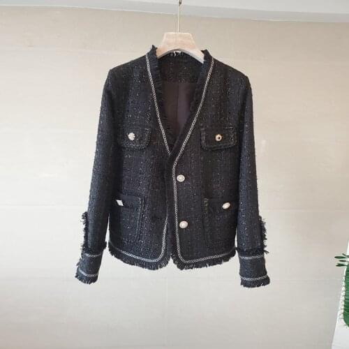 Vintage Plaid Tweed Jackets Coat Women V-Neck Long Sleeve Harajuku Woolen Coat Luxury Office Lady Pockets Pearls Buttons C908