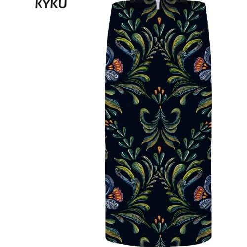 KYKU Brand Flower Skirts Women Leaf Floral Black Pencil Skhirt Vintage 3d Print Plus Size Party Ladies Skirts 2018 New Korean