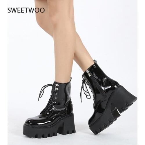 Sweetwoo Women Chunky Wedge Platform Lace Up Boots Gothic Punk Patent Leather Ankle Boots Black Color New 2021