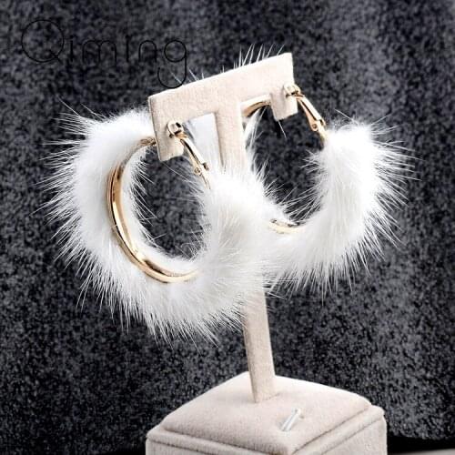 100% Real Genuine Mink Fur Hoop Earrings For Women Ear Bohemian Statement Jewelry Large Round Circle Earrings Bijoux Femme