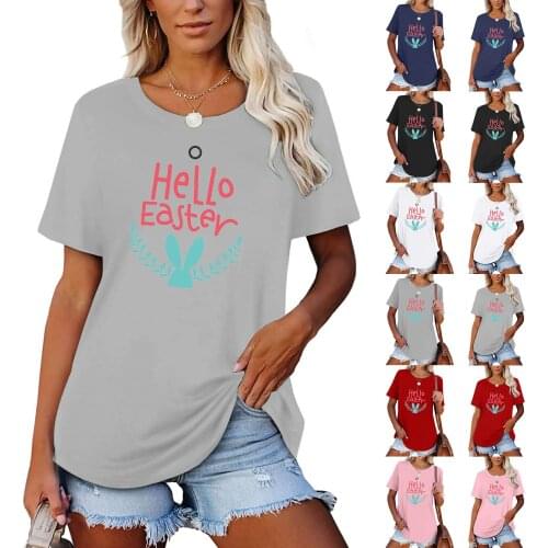 Womens Tops Shirt Fashion Easter Printing Hello Easter O-neck Spring Summer Short T-shirt Loose Tops Shirt#g30