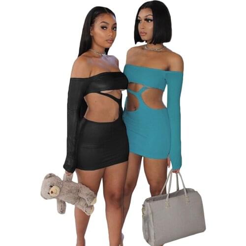 2021 Summer Womens New Style Shoulder Halter Irregular Hollow Long Sleeve Short Dress