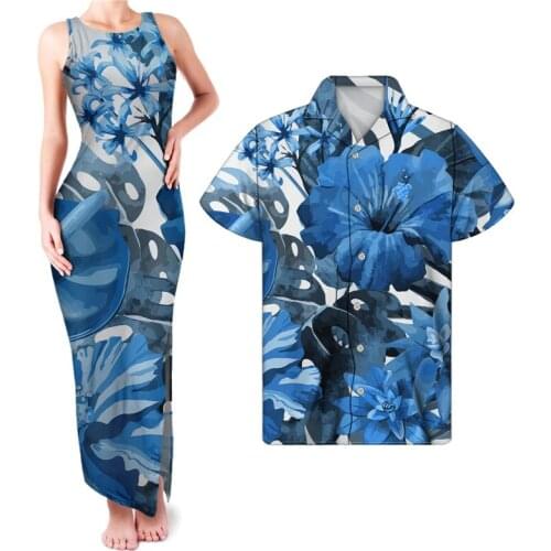 HYCOOL Royal Blue Casual Tank Top Dresses Polynesian Hibiscus Print Plus Size Couple Match Clothing Set Elegant Maxi Dress Women