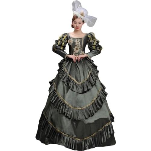 Plus Size 2XS-3XL Dark Green Appliques Pattern Marie Antoinette Period Dress Women Rococo Baroque Party Dress Ball Gowns Costume