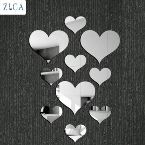 ZLCA 10PCS 3D Wall Sticker Mirror Gold Silver Love Hearts Art Party DIY Home Room Decor Acrylic Mirror Surface Wall Sticker