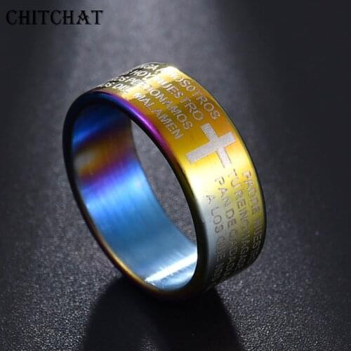8 MM Fashion Scripture Cross Bible Text Jesus Tattoo Men Rings For Women Titanium Steel Religious Ring Jewelry Gift