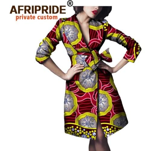 African autumn women casual coat full sleeve turn-down collar knee Jacket with bow sashes pure cotton AFRIPRIDE A722418