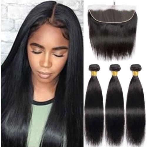 Alibele Straight Hair Weave With Closure Brazilian Human Hair Bundles With Lace Frontal Closure 3 Bundles Remy Hair Extensions