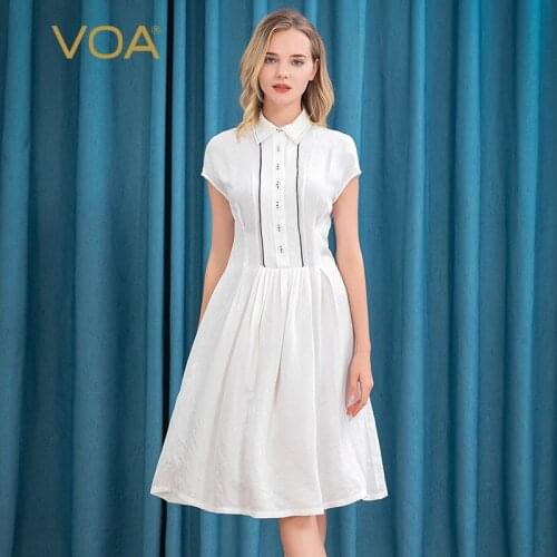VOA Silk 22m/m White Jacquard Polo Collar Short Sleeve Education Grams Pleats Mosaic Decorative Open-Line Dress AE87