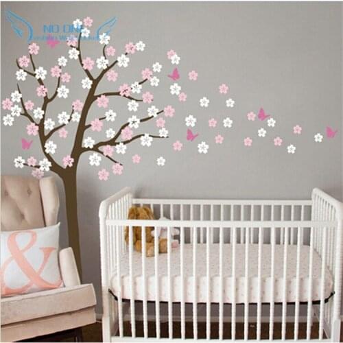 Huge Tree Blowing Cherry Blossom Wall Decal Nursery Tree Flowers Butterfly Art Baby Kids Room Wall Sticker Nature Wall Decor