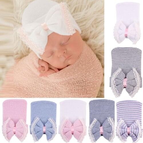 Baby Tire cap Unisex Stripe Cotton Cap Acrylic Baby Bow Cap Elastic Hat Knitted Hat Newborn Beanies Winter Double Cute Fashion
