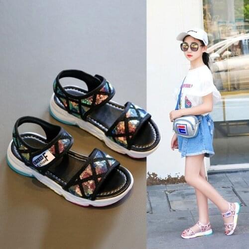 Childrens Girls Summer Sandals Fashion Breathable Buckle Princess Shoes Ballerina Slip-on Big Kids Flat Open Toe Dress Shoes