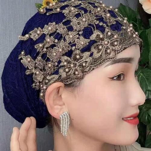 Breathable Lace Beading Turban Hat Muslim Women Headscarf Bonnet Ready to Wear Inner Hijabs Summer Female Headwrap Cap