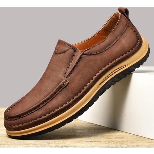 Classic Genuine Leather Men Outdoor Shoes Breathable Casual Men Comfortable Hiking Walking Slip-on Business Formal Shoes