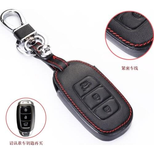 Leather Car Key Case For Hyundai Santa Fe TM 2019 I30 2018 Solaris Azera Elantra Grandeur Accent Keychain Holder Protector Cover