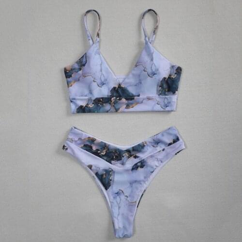 Summer Swimsuit Bikini Set For Women Marble Pattern Bikini Sexy Push Up Padded Swimwear Top High Waist Bathing Suit biquinis A40