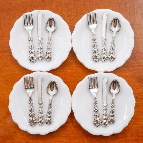 Odoria 1:12 Miniature 4Pcs Plates and 12Pcs Knife Fork Spoon Set Dollhouse Kitchen Accessories