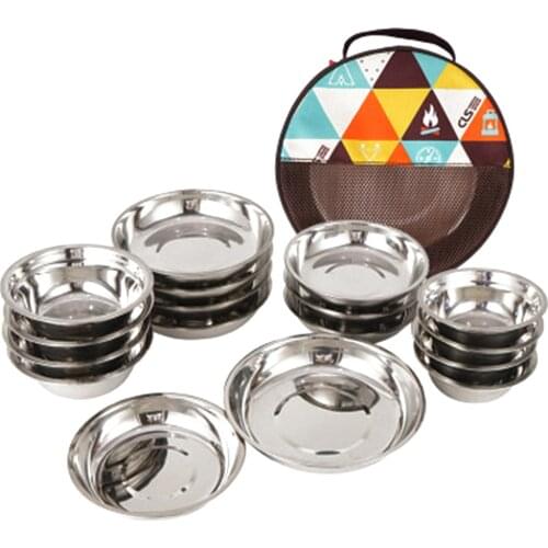 1 Set of 17Pcs Camping Mess Kit Outdoor Tableware Stainless Steel Plate Bowl with Storage Bag for Camping
