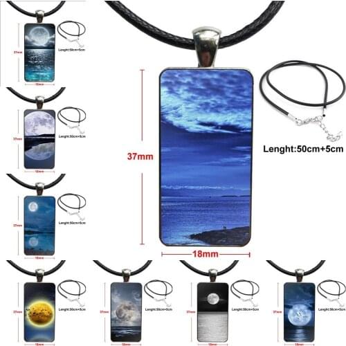 Beautiful Moon Sea Night Landscape For Women Men Glass Cabochon Pendant Necklace Rectangle Fashion Necklace