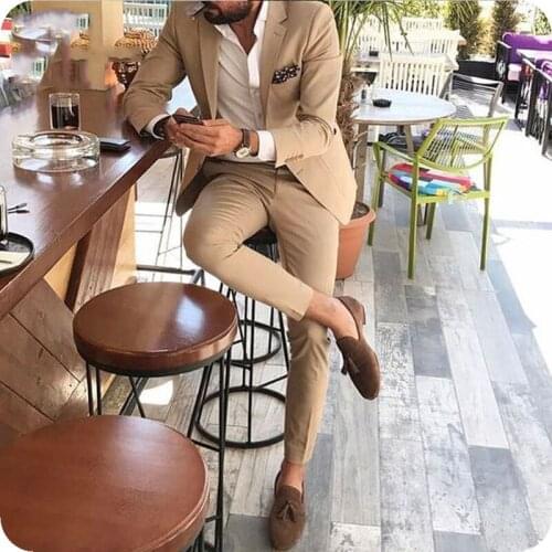 Slim Fit Khaki Men Suits Wedding Terno Tuxedos Groom Wear 2 Pieces (Jacket+Pants) Prom Groomsman Suits Blazer Custume Homme
