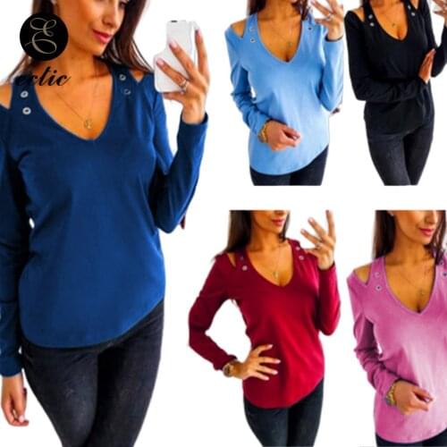 Ripped T Shirts Deep V Cold Shoulder Shirt Vetement Femme 2021 Plus Size 5xl Rivet Black Punk Clothes T Shirt Women Long Sleeve