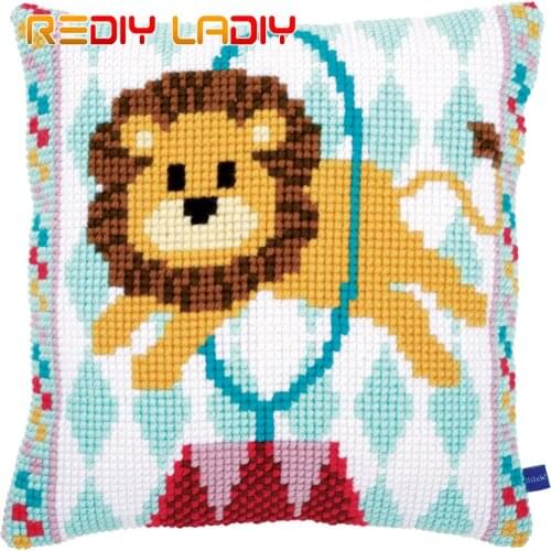 DIY Cross Stitch Cushion Cover Circus Lion Pillow Case Pre-Printed Canvas Acrylic Thick Yarn Crafts Cross-stitch Needlepoint Kit