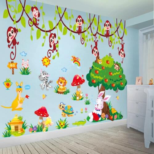 [SHIJUEHEZI] Turtle Rabbit Tree Wall Stickers DIY Jungle Monkeys Animals Wall Decals for Kids Room Baby Bedroom House Decoration