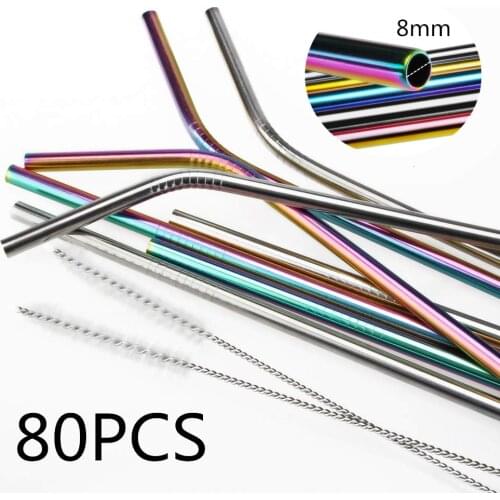 80Pcs Reusable 304 Stainless Steel Straws Straight Bent Metal Straw 8mm*215mm Home Party Drinking Straw Supplies Bar Accessories