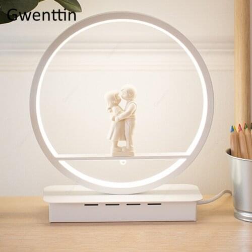 Modern LED Ring Table Lamp Hugging Lover with Violin Horn Angel Nordic Home Decor Standing Desk Light Fixtures Bedroom Bed Light