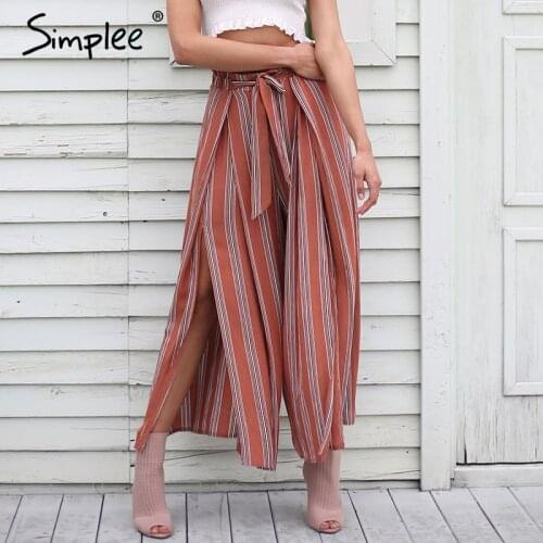 Simplee High waist loose striped summer pants plus size Sexy side split women pants Elastic cotton white wide leg trousers 2018