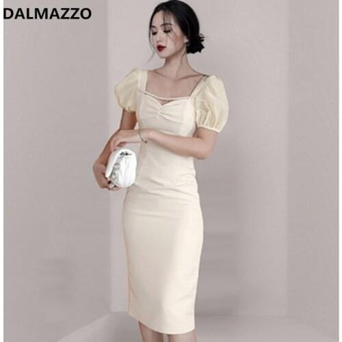 DALMAZZO Vintage Women Square Collar Short Sleeve Over Knee Long Dresses 2021 Summer Designer Pearls OL Party Vestidos Female XL