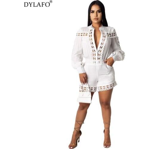 2020 Women Deep V-neck Sexy Jumpsuit Rompers Hollow Out White Lace Playsuits Long Sleeve Shirt Jumpsuit Slim Playsuit Overalls