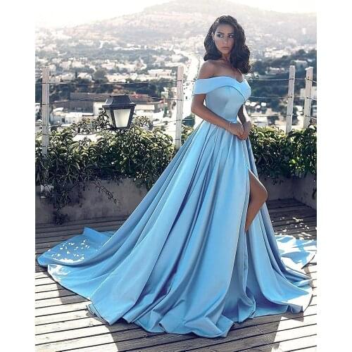 Off the Shoulder Satin A Line Prom Dresses Long 2020 for Women Wedding Corset Back Formal Ball Gowns 12