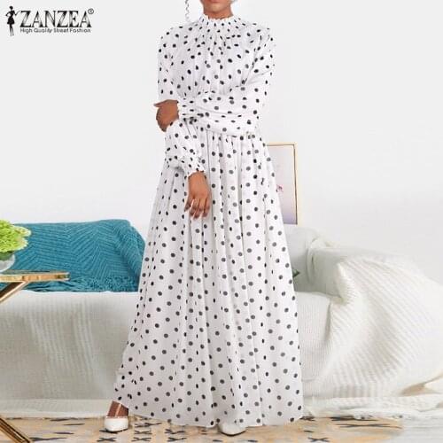 Women Turtleneck Maxi Robe ZANZEA Fashion Polka Dot Dress 2021 Autumn Elastic Waist Vestido Party Holiday Long Dresses