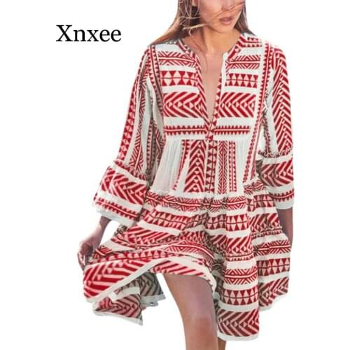 Women Floral Print Fashion Women Printed V Neck Long Sleeve Beach Party Club Dresses Bohemian Dresses Sundress