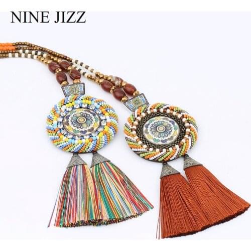 NINEJIZZ Bohemia Vintage Tassel Pendant Necklace Japanese Style Long Sweater Chain Round Flower Beads Handmade For Woman Jewelry