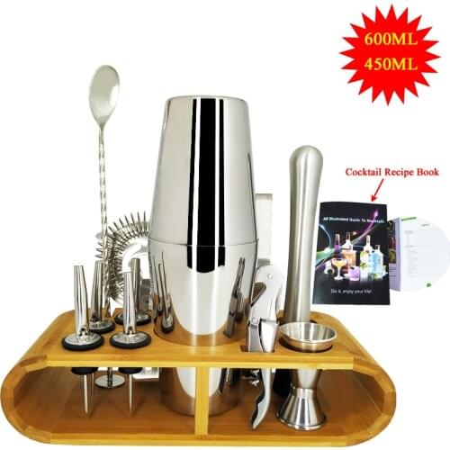 1-13pcs Stainless Steel Cocktail Hand Shaker Mixer Drink Barkeeper Tool Bar Set Kit Bartender Tool Wooden Stand Base