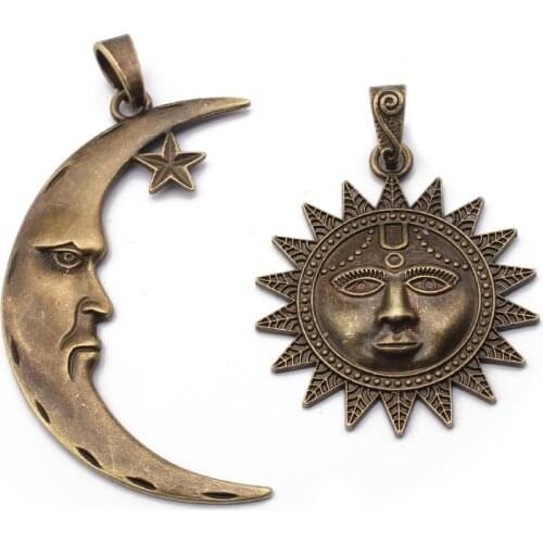 2pcs Antique Bronze Large Sun Moon Charms Pendant For Handmade Necklace Jewery Findings Making
