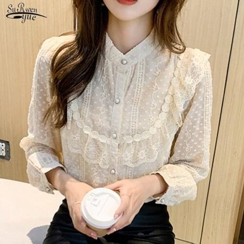2021 Elegant Apricot Solid Button All-match Blouses Autumn Causal Chiffon Blouse O-neck Lace Tops Fairy Long-sleeve Shirts 16979