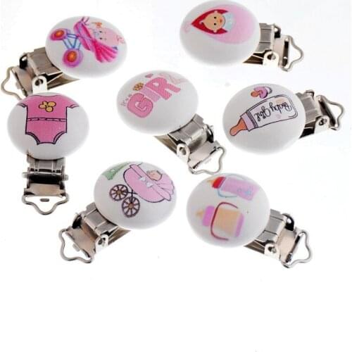 5PCs Baby Pacifier Clips Mixed Pattern White Wood Metal Holders Cute Infant Soother Clasps Funny Accessories 4.8x2.9cm F1028