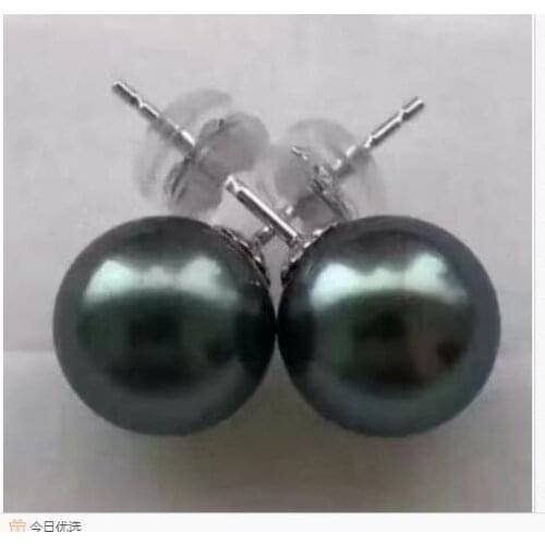 Free shipping charming 10-11mm tahitian round black green pearl earring