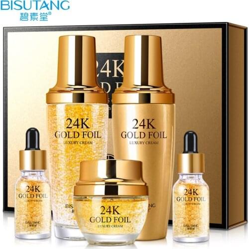 BISUTANG 24k Golden Luxury Skin Care Five-Piece Set Facial Care Essence Hydrating, Moisturizing and Pore Shrinking Cosmetic Set